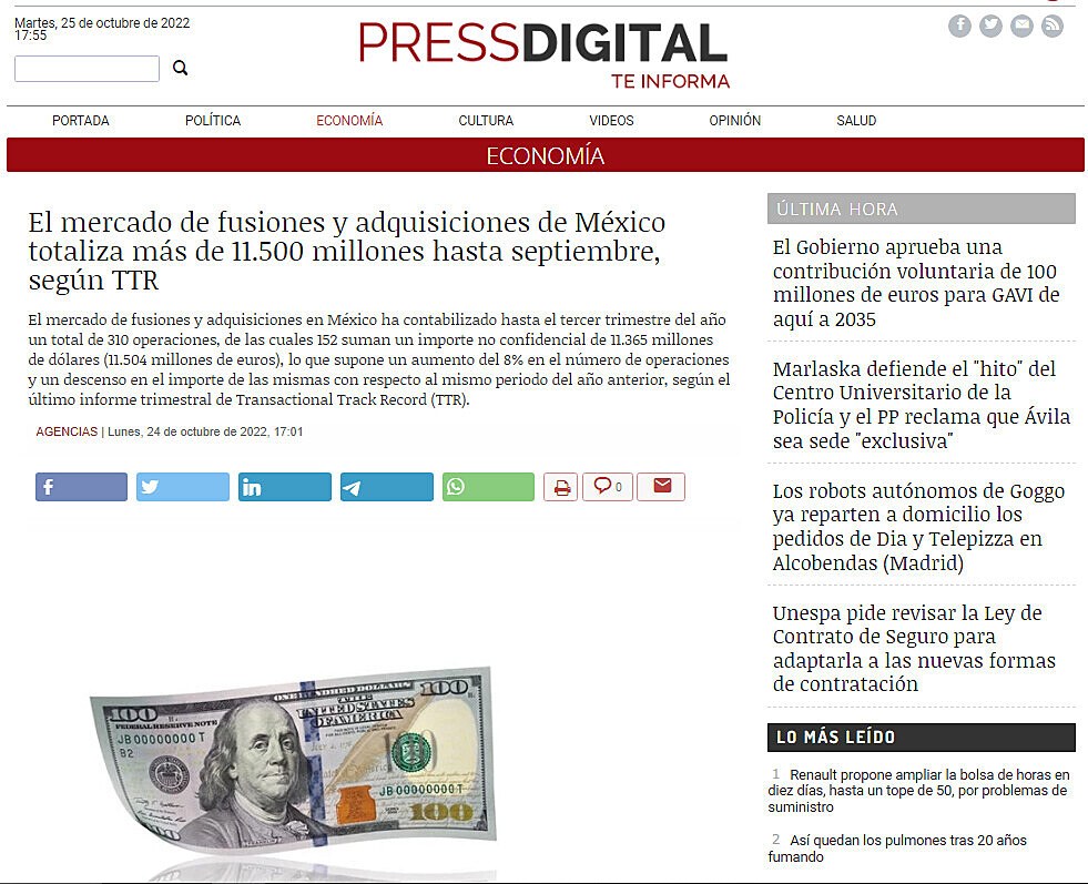 El mercado de fusiones y adquisiciones de Mxico totaliza ms de 11.500 millones hasta septiembre, segn TTR